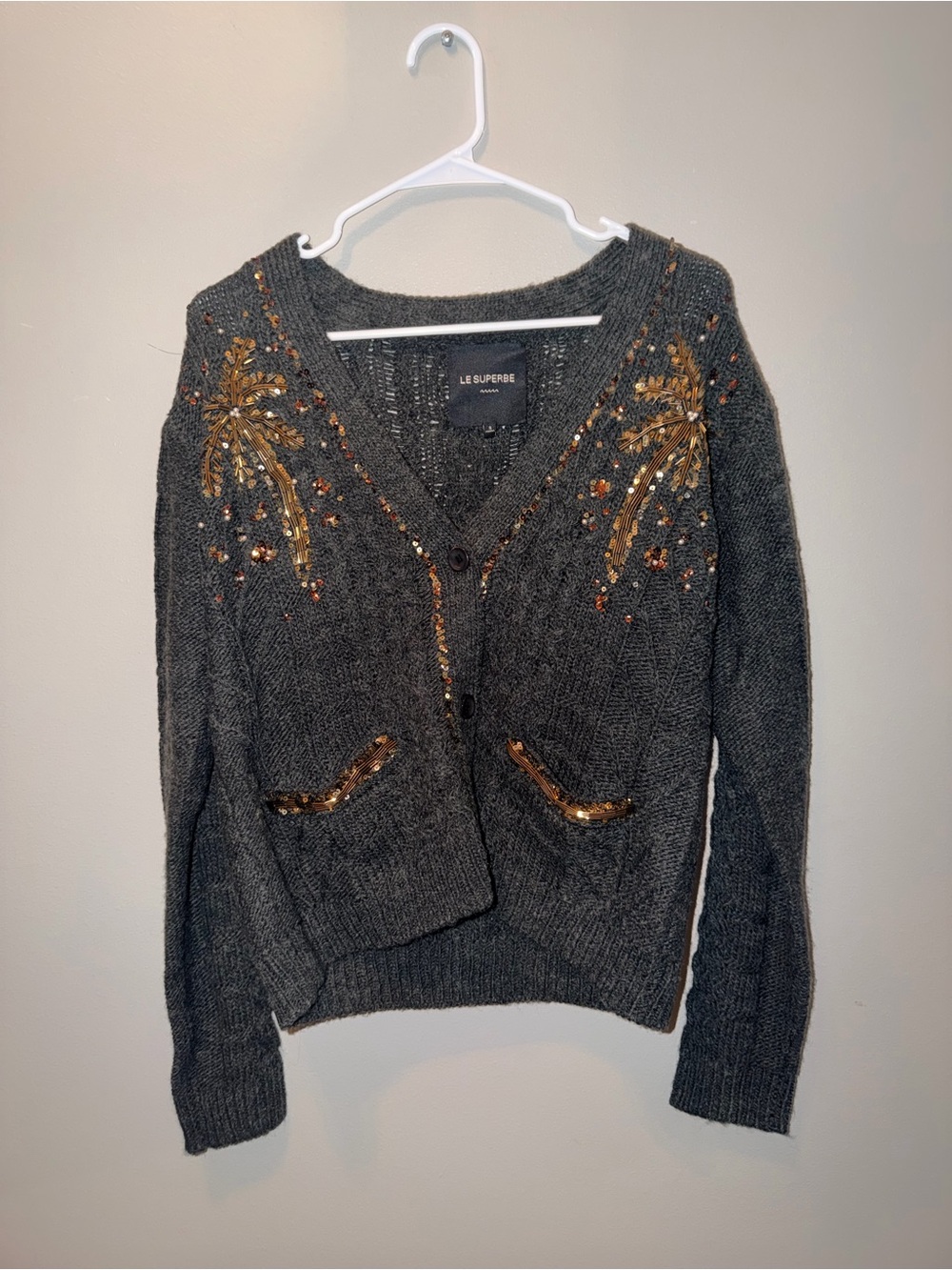 Le Superbe Charcoal gray paradise palm tree embellished cable knit cardigan